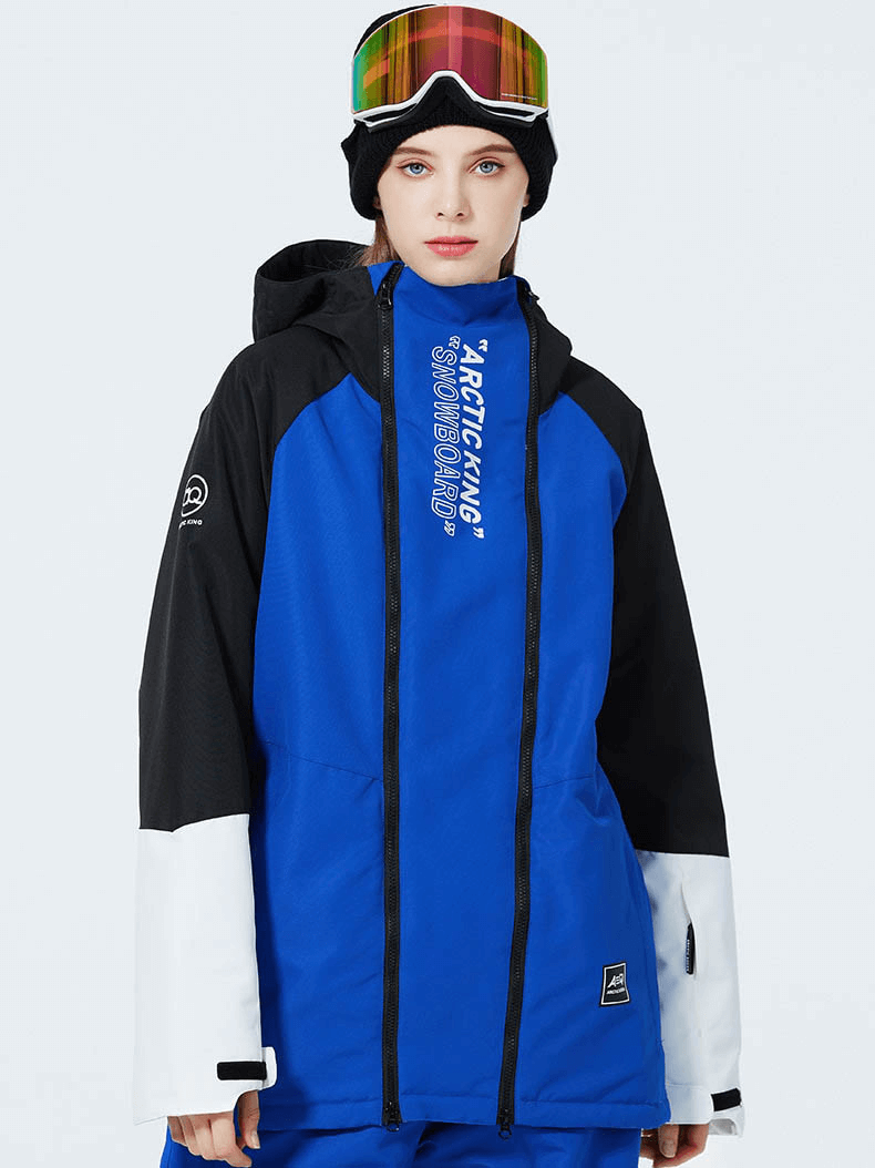 Unisex warm waterproof snowboarding jacket with double zipper and hood, perfect for skiing in vibrant blue and black design.